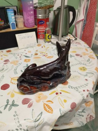 Figura de Cão em Cerâmica Castanho e Laranja
