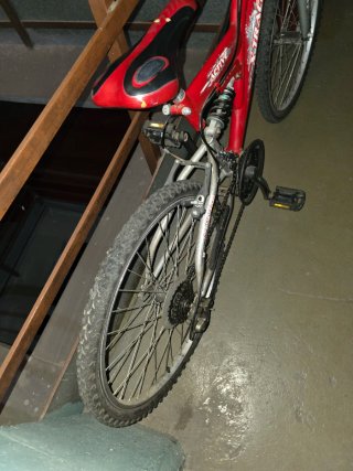 Bicicleta de montaña roja con suspensión