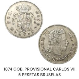 🇪🇦 1874 2 MONEDAS ANTIGUAS DE 5 PESETAS BRUSELAS