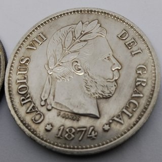 🇪🇦 1874 2 MONEDAS ANTIGUAS DE 5 PESETAS BRUSELAS