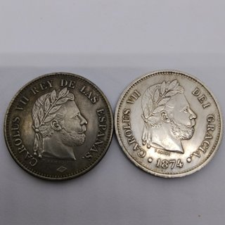 🇪🇦 1874 2 MONEDAS ANTIGUAS DE 5 PESETAS BRUSELAS