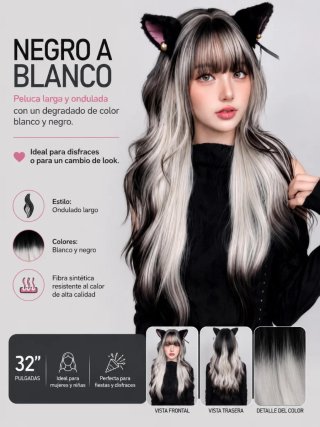 Peluca larga ondulada NAMM blanco y negro