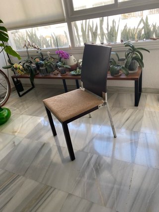 4 Sillas Madera, Acero y Tapicería Beige