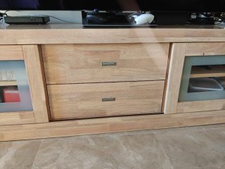 Mueble TV madera maciza con cristal