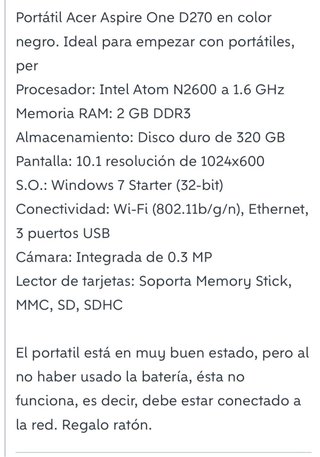 Portátil Acer Aspire One 10.1 Negro