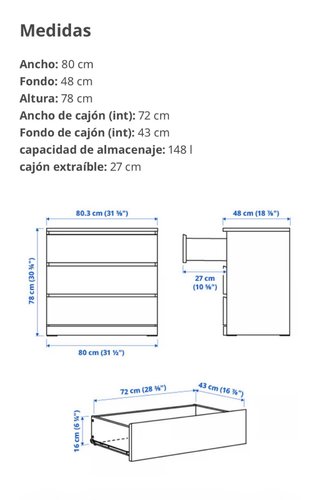 Cajonera Ikea Malm 3 cajones Blanca