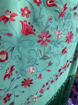 Mantoncillo Flamenca Fleco Corto Rojo/Teal