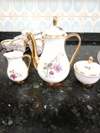 Juego Tazas Café Vintage Porcelana Floral Dorado