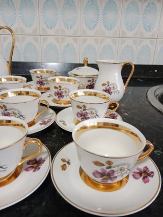 Juego Tazas Café Vintage Porcelana Floral Dorado