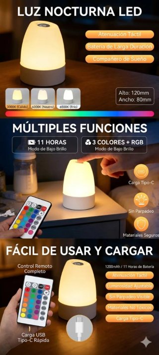 Lámpara LED Nocturna Táctil RGB