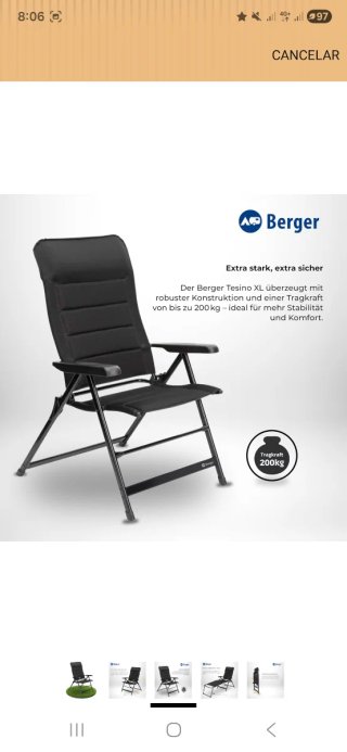 4 Sillas Camping Berger Tesino XL Plegable