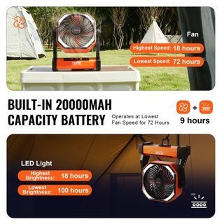 Ventilatore portatile ricaricabile 203,2 mm, ventilatore a batteria con torcia LED, piccolo ventilatore da tavolo regolabile a 4 velocità, ventilatori USB portatili per viaggi, ecc.