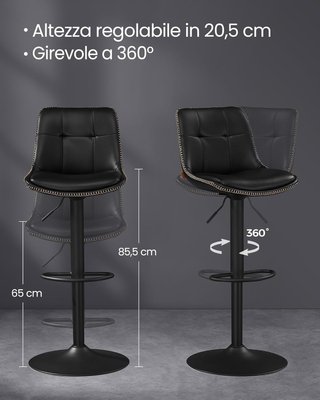 Set di 2 Sgabelli da Bar, Sedie Girevoli Regolabili in Altezza, Velluto, Sedie da Cucina con Schienale e Poggiapiedi, Sala da Pranzo, Bar, Acciaio, Nero Tinta LJB198BH01
