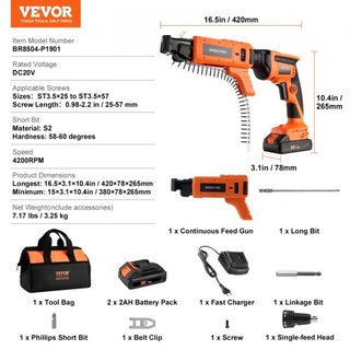 Taladro de Tornillos para Drywall Auto-Alimentado, Kit de Taladro de Tornillos para Drywall Collado de 20V Max, 4200RPM, Inalámbrico con Motor Sin Escobillas, 2 Paquetes de Batería, Cargador, Clip...