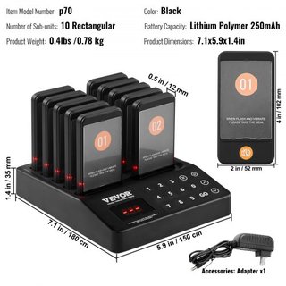 Sistema de Pagers para Restaurantes, Señal de Espera de Fila Inalámbrica de 400m de Largo Alcance, Beepers para Llamar a Clientes Invitados con Vibración y Parpadeo, 10 Zumbadores para Camiones de...