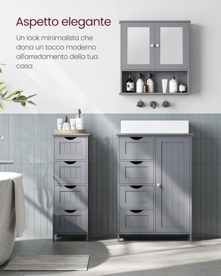 Mueble De Baño, Mueble Para Baño Estrecho, Organizador, Cajonera, Con 4 Cajones, Puerta, Estante Regulable, 30 X 55 X 82 Cm, Gris Tortora
