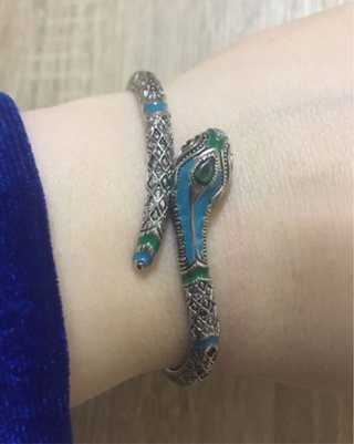 Brazalete Plata Vintage Serpiente Azul Verde