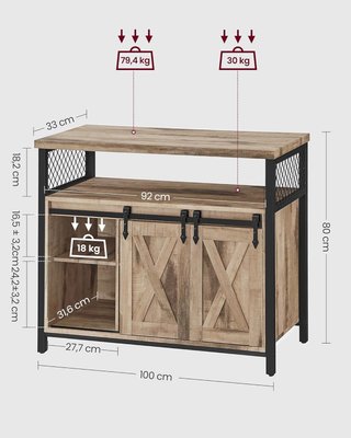 Credenza, Mobile da Cucina, Armadio Organizzatore, Con 2 Ante Scorrevoli, 33 X 100 X 80 Cm, Ripiani Regolabili, Stile Country, per Soggiorno, Marrone Cammello e Nero Tinta