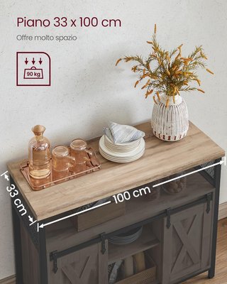 Credenza, Mobile da Cucina, Armadio Organizzatore, Con 2 Ante Scorrevoli, 33 X 100 X 80 Cm, Ripiani Regolabili, Stile Country, per Soggiorno, Marrone Cammello e Nero Tinta