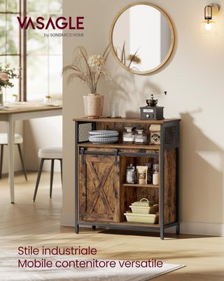 Credenza, Mobile da Cucina, Armadio Organizzatore, Con Una Porta Scorrente, 30 X 70 X 80 Cm, Ripiani Regolabili, Stile Country, per Soggiorno, Marrone Vintage e Nero Tinta