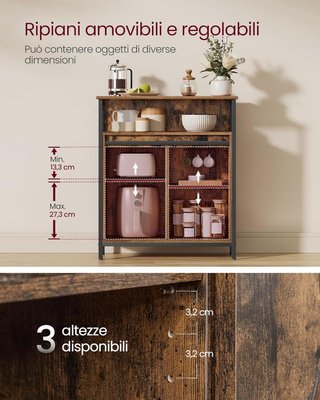 Credenza, Mobile da Cucina, Armadio Organizzatore, Con Una Porta Scorrente, 30 X 70 X 80 Cm, Ripiani Regolabili, Stile Country, per Soggiorno, Marrone Vintage e Nero Tinta