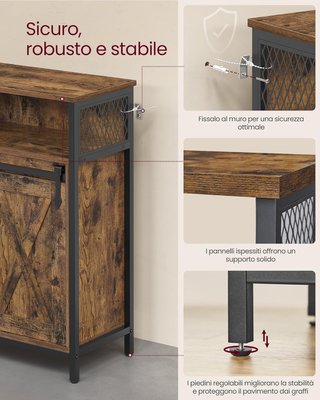 Credenza, Mobile da Cucina, Armadio Organizzatore, Con Una Porta Scorrente, 30 X 70 X 80 Cm, Ripiani Regolabili, Stile Country, per Soggiorno, Marrone Vintage e Nero Tinta