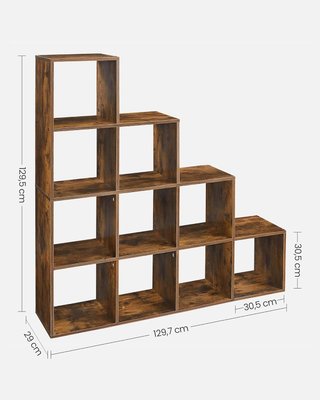 Mensola a 10 cubi, mensola con scomparti aperti, organizer per decorazioni, cornici per foto, piante, soggiorno, camera da letto, studio, 29 x 129,5 x 129,5 cm, marrone vintage LBC10BX