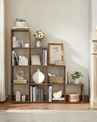 Mensola a 10 cubi, mensola con scomparti aperti, organizer per decorazioni, cornici per foto, piante, soggiorno, camera da letto, studio, 29 x 129,5 x 129,5 cm, marrone vintage LBC10BX