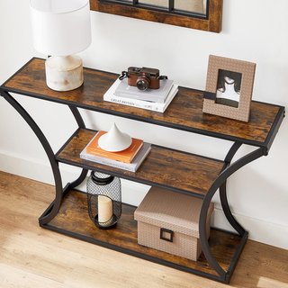 Mesa Consola, Mesa de Entrada, Patas Curvas, Tablero de Mesa Alargado, para Sala de Estar, Pasillo, Dormitorio, Estilo Industrial, Marrón Rústico y Negro LNT089B01