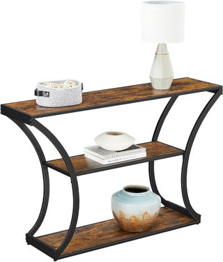 Mesa Consola, Mesa de Entrada, Patas Curvas, Tablero de Mesa Alargado, para Sala de Estar, Pasillo, Dormitorio, Estilo Industrial, Marrón Rústico y Negro LNT089B01