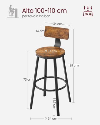Taburetes de Bar, Set de 2 Taburetes Altos con Respaldo, Taburetes de Cocina, Estructura de Acero, Asiento Alto 73,2 Cm, Fácil de Montar, Industrial, Marrón Rústico y Negro