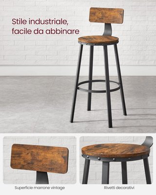 Taburetes de Bar, Set de 2 Taburetes Altos con Respaldo, Taburetes de Cocina, Estructura de Acero, Asiento Alto 73,2 Cm, Fácil de Montar, Industrial, Marrón Rústico y Negro