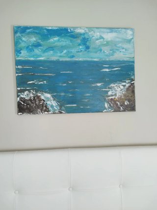 Lienzo al óleo mar azul y blanco