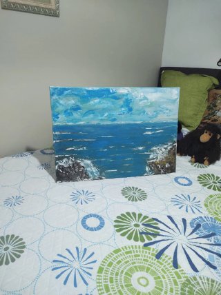 Lienzo al óleo mar azul y blanco