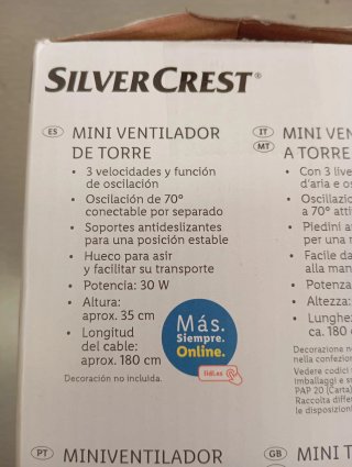Ventilador Torre SilverCrest 35cm 30W Oscilante