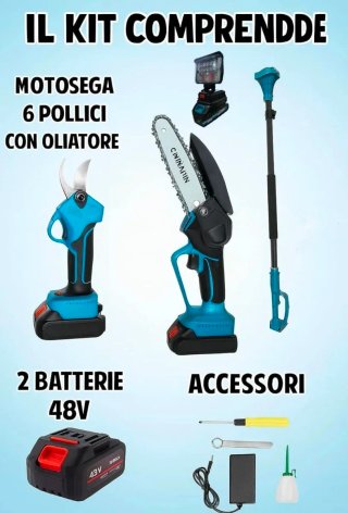 Kit 4in1 Potatura Cesoia + Motosega + Asta + Faro