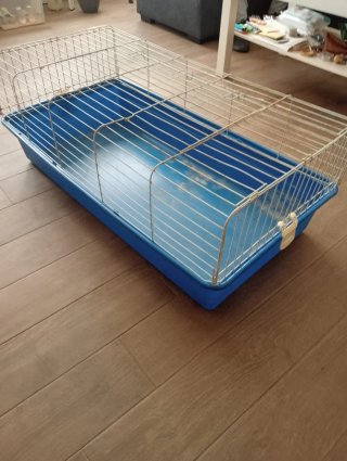 Jaula para conejo azul y blanca