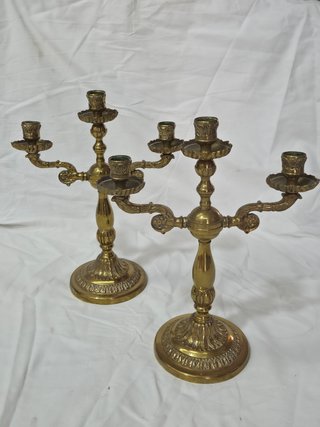 Pareja Candelabros Latón, 3 Brazos
