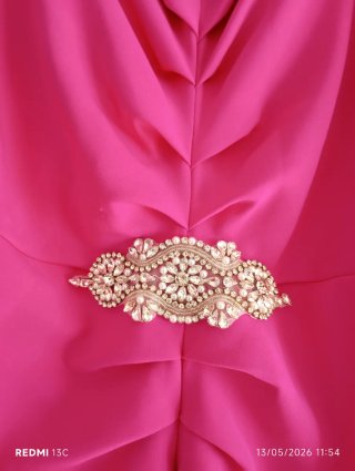 Vestido fucsia con pedrería y plumas