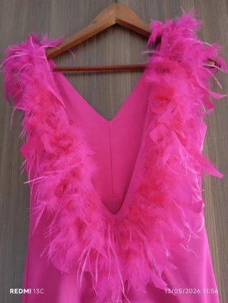 Vestido fucsia con pedrería y plumas