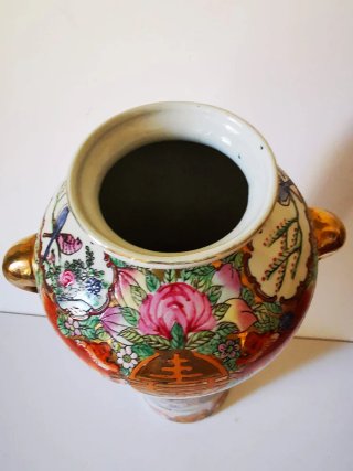 Jarrón chino porcelana dorado y blanco
