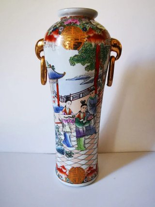 Jarrón chino porcelana dorado y blanco
