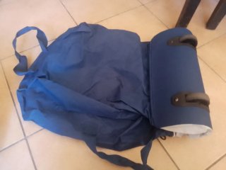 Borsone blu e bianco con cerniera manici e rotelle