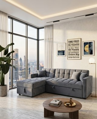Sofá Cama Gris Terciopelo con Almacenaje