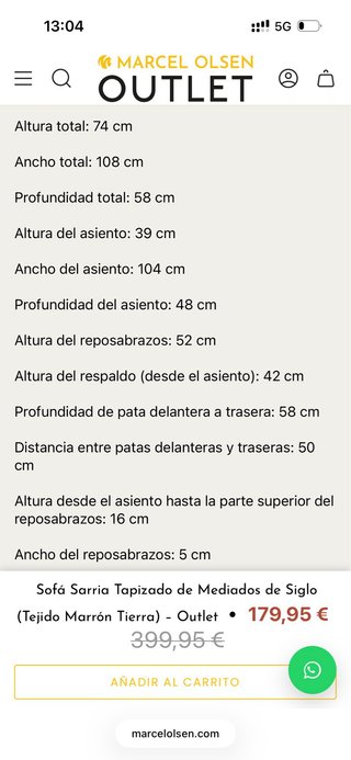 Sofá de 2 plazas tapizado  y madera nogal