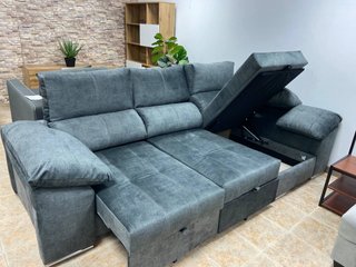 Sofá cama chaise longue azul con puff