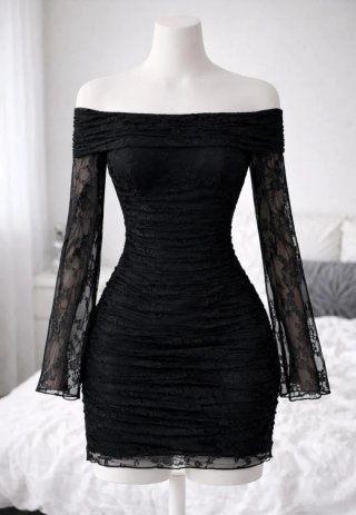 Vestido negro encaje ajustado manga transparente