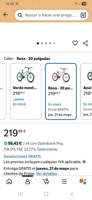 Bicicleta infantil rosa HILAND 20