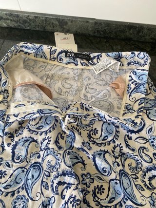 Pantalón Zara Estampado Paisley Azul. Lino