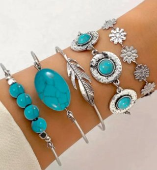 Conjunto 5 Pulseras Plata y Turquesa